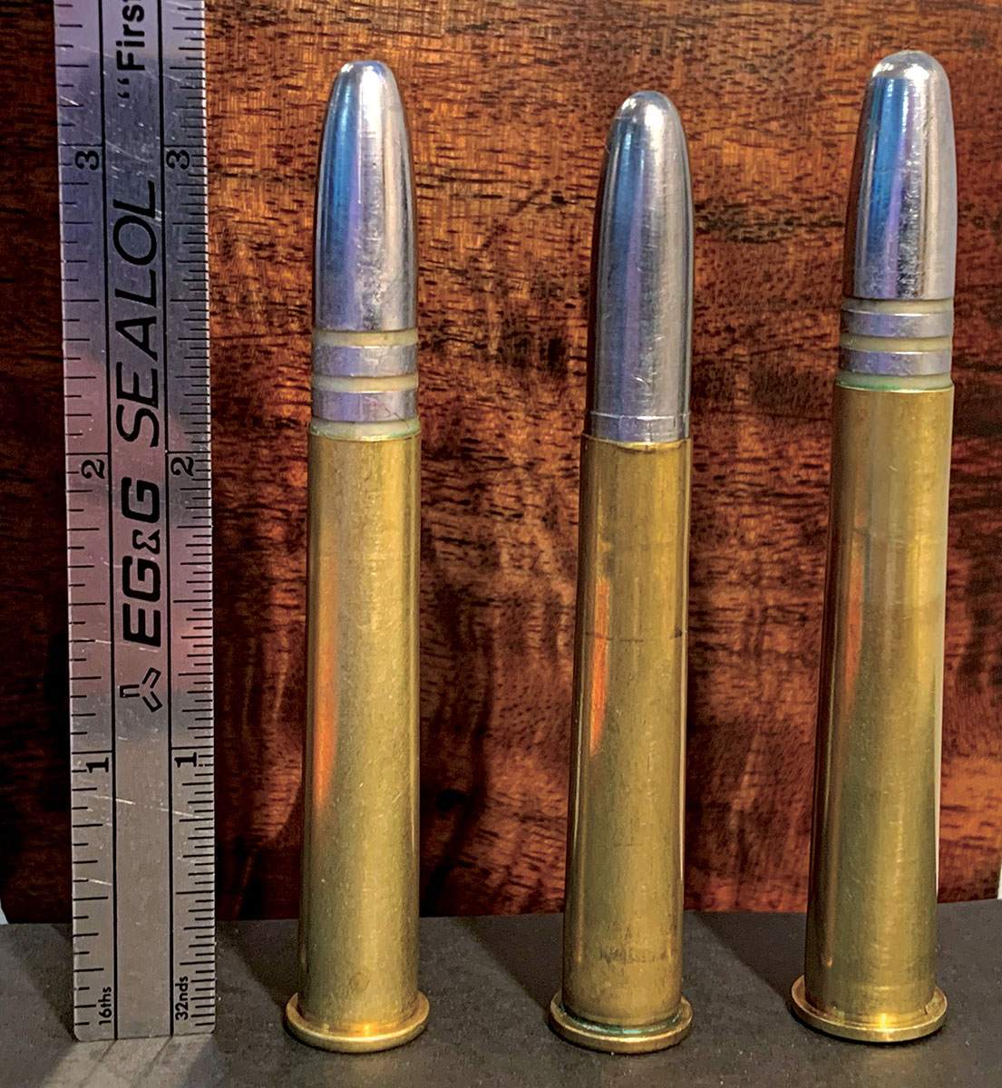 .35-40 Maynard – 340-grain Lewis bullet, .35-40 Maynard – Lucas cartridge with 340-grain grooveless bullet and a .38-50 Remington Hepburn with 367-grain Jones “Money” bullet.